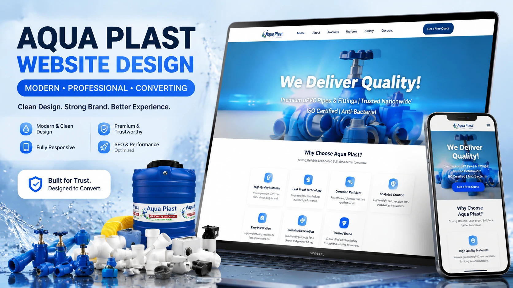 Aqua Plast responsive website design shown on desktop and mobile